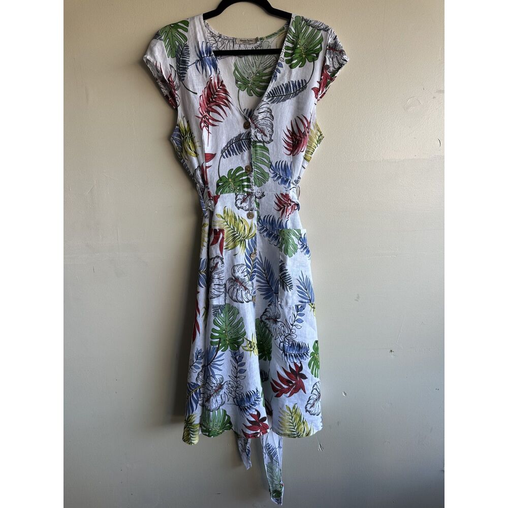 Alessia Pacini 100% Linen Tropical Leaf Print Midi Dress Italy Size L Belted